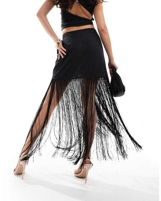 ASOS Black Satin Wrap Fringe Maxi Skirt