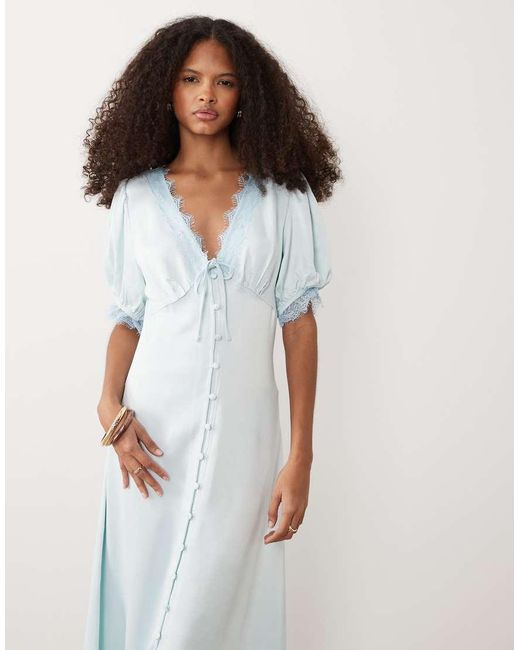 Miss Selfridge White Satin Lace Trim Button Through Maxi Dress