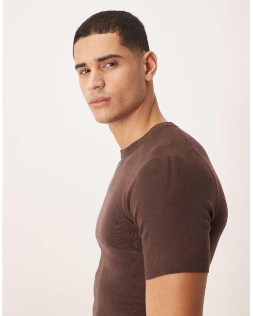 ASOS Brown Muscle Fit Knit Ribbed Crew Neck T-shirt With Saddle Sleeve for men
