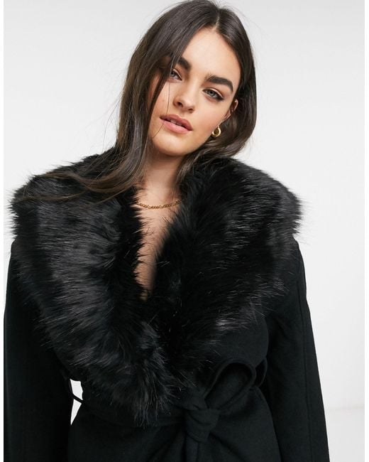 & Other Stories Short Belted Faux Fur Collar Coat in Black | Lyst