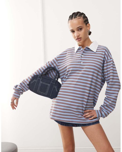Edikted Blue Stripey Oversized Colla Rugby Style Top