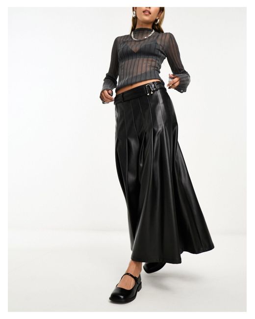 River Island Black Belted Pleat Faux Leather Midi Skirt