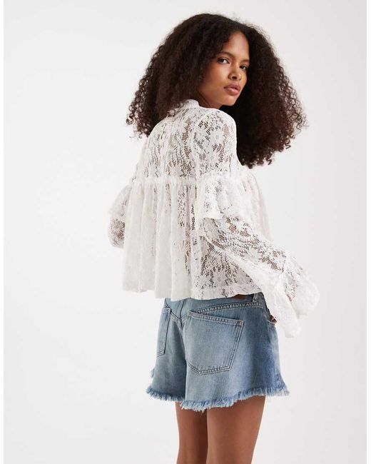 Free People White Boho Ruffle Long Sleeve Lace Blouse