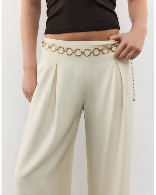 Stradivarius Natural Petite Satin Trousers With Darts And Chain