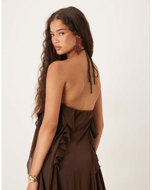 Six Stories Brown Exclusive Halter Ruffle Maxi Dress