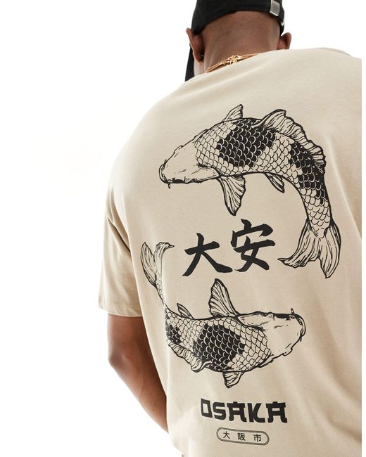 T-shirt oversize color cuoio con stampa di carpa sul retro di Jack & Jones in Natural da Uomo