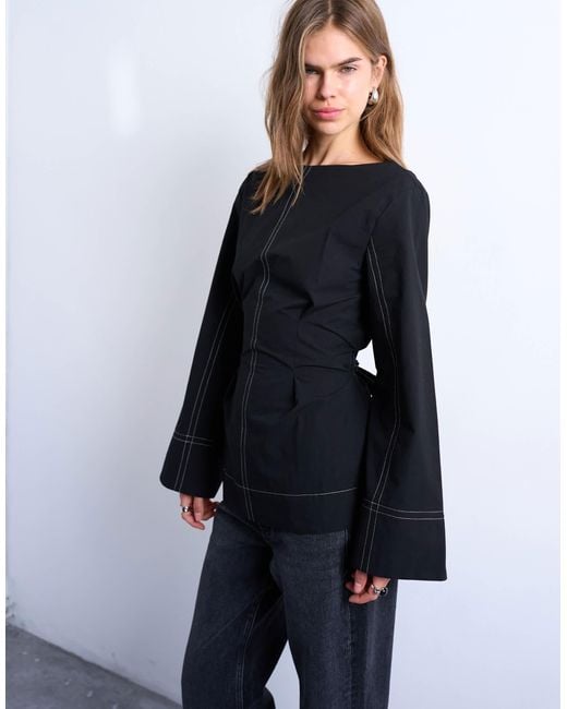 TOPSHOP Blue Long Sleeve Tie Waist Top