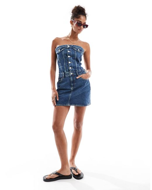 Dr. Denim Blue Carlisle Denim Bandeau Mini Dress With Button Front