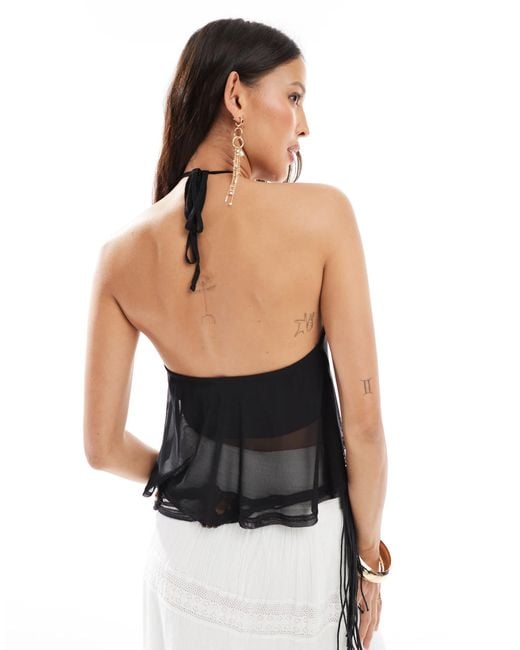 Miss Selfridge Black O Ring Ruffle Split Front Top