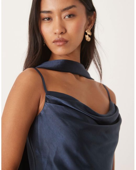 Pretty Lavish Blue Bridesmaid Keisha Satin Cowl Neck Maxi Dress With Scarf