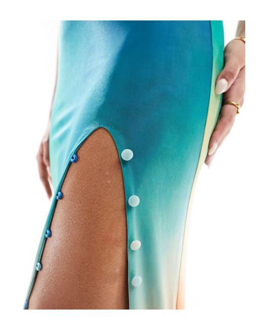 FARAI LONDON Blue Akari Mesh Thigh Split Button Through Maxi Skirt