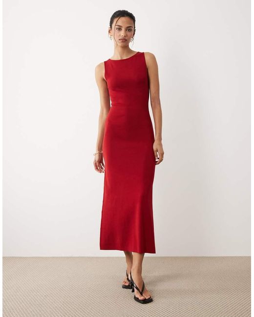 Mango Red Boat Neck Sleeveless Midi Dress