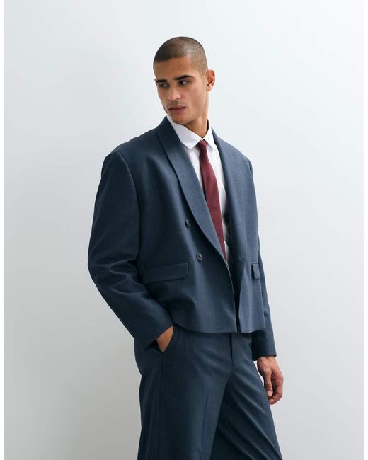 ASOS Blue Double Breasted Boxy Shawl Wrap Suit Jacket for men
