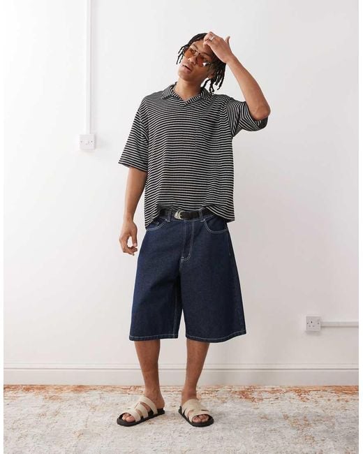 Reclaimed Vintage Gray Textured Jersey Striped Short Sleeve Resort Polo Top for men