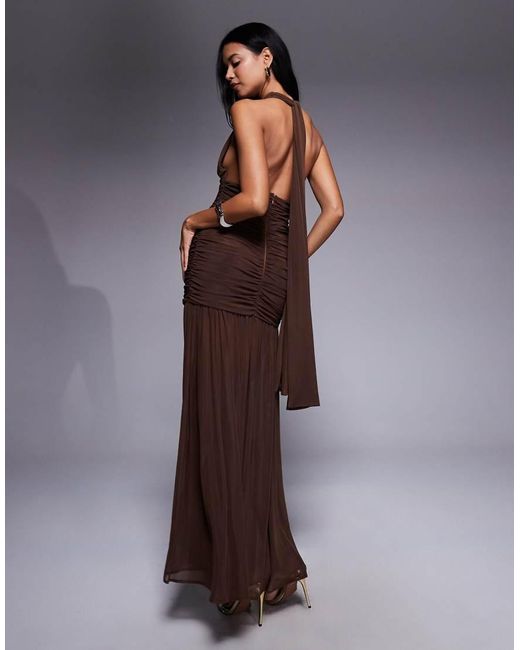 TFNC London Halter Neck Maxi Dress With Open Back in Brown