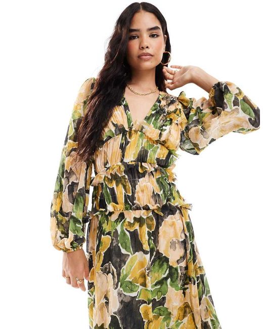 Vestito Midi Con Scollo Profondo E Volant Testurizzato Con Stampa A Fiori, Colore Verde di ASOS in Metallic