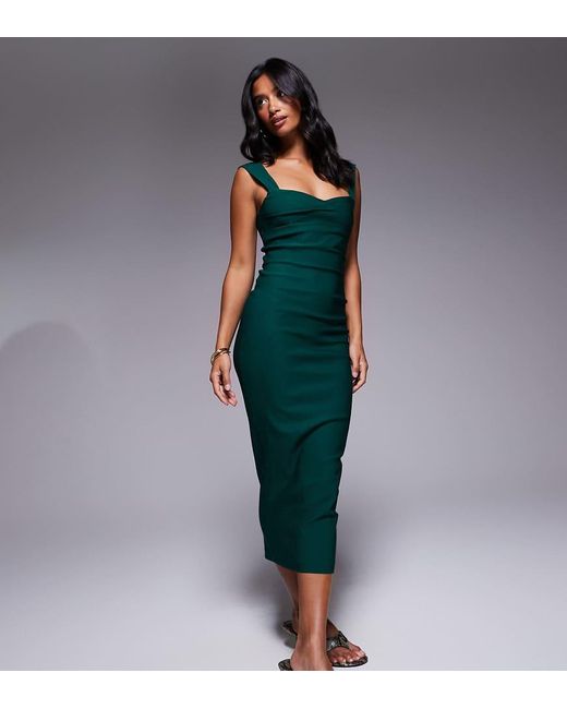 Vesper Petite Green Bengaline Sweetheart Neckline Ruched Front Midaxi Dress