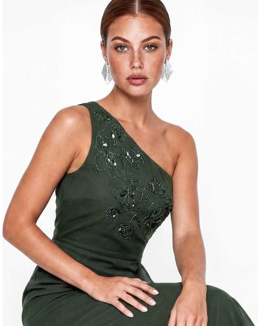 Maya Green Embellished One Shoulder Ruffle Midaxi Dress