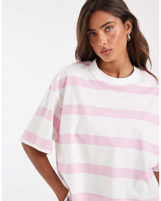 ASOS White Boxy Cropped T-shirt Pink & Cream Stripe