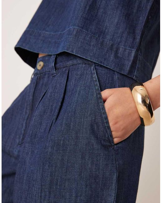 Mango Blue Cotton Tailored Longline Denim Short Co-ord With Dart Detailing
