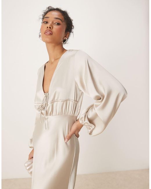 Gina Tricot Natural Satin Long Sleeve Midi V Neck Tie Front Ruched Detail