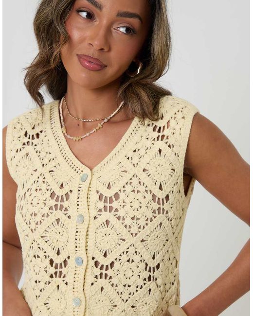 Threadbare Blue Crochet Button Up Vest