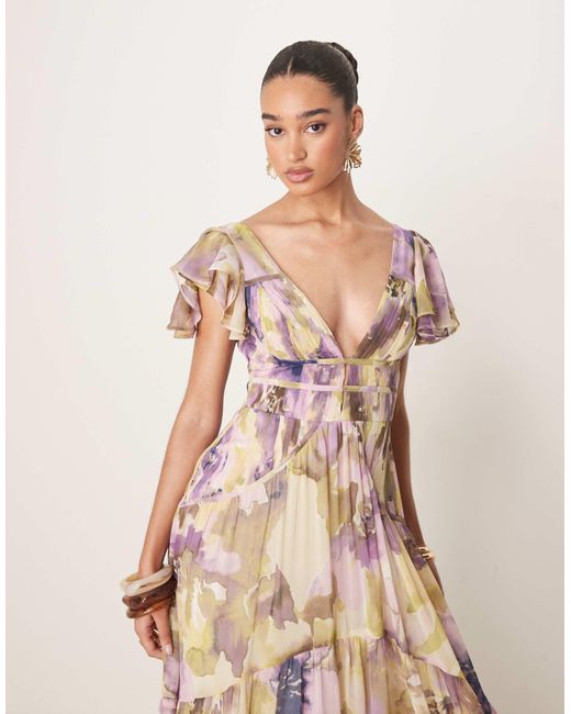 ASOS Pink Flutter Sleeve Ruched Maxi Dress With Hi Low Hem