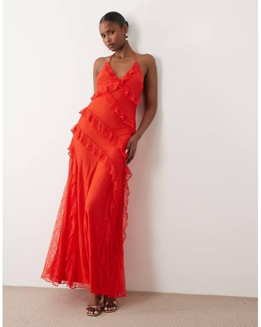 Forever New Red Halter Neck Lace Ruffle Maxi Dress