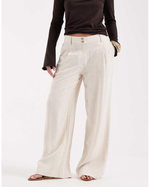 ASOS Natural Asos Design Petite Wide Leg Trousers With Pleat Detail