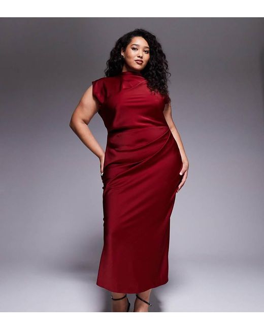 ASOS Red Asos Design Curve Satin High Neck Pleated Bodice Midi Dress