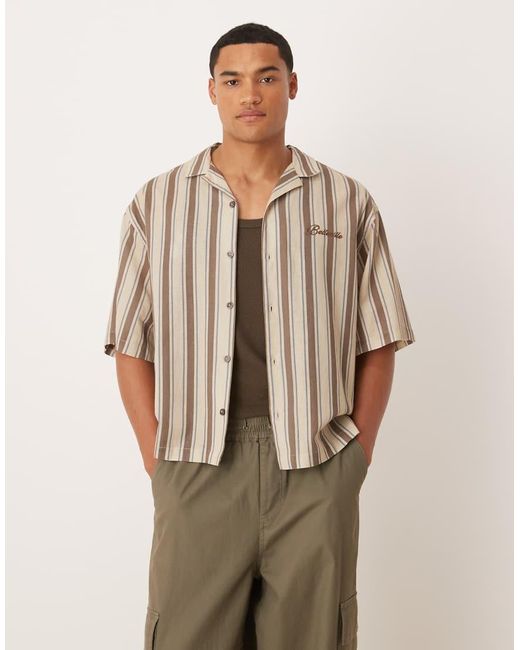 ASOS Recht Oversized Gestreept Overhemd Met Reverskraag En Borduursel Op De Borst in het Natural voor heren