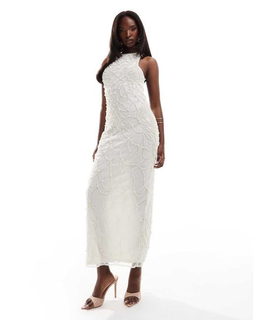 ASOS Full Pearl Embellished Halter Neck Midi Dress With Draped Pearl Straps  in White