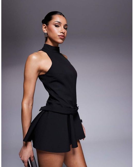 ASOS Blue Structured High Neck Playsuit With Belt An Pep Hem Detail