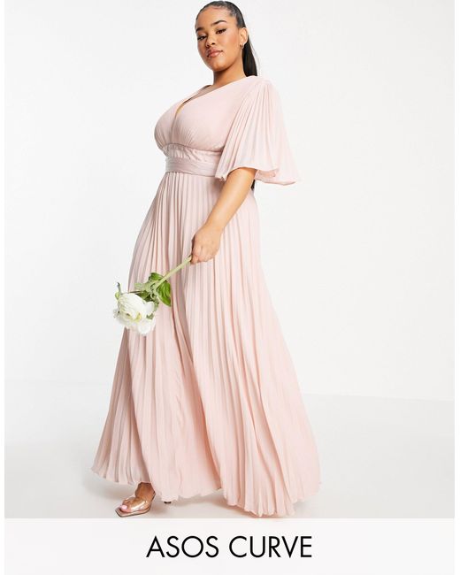 ASOS Asos Design Curve Bridesmaid Pleated Flutter Sleeve Maxi Dress With  Satin Wrap Waist in Pink - Lyst