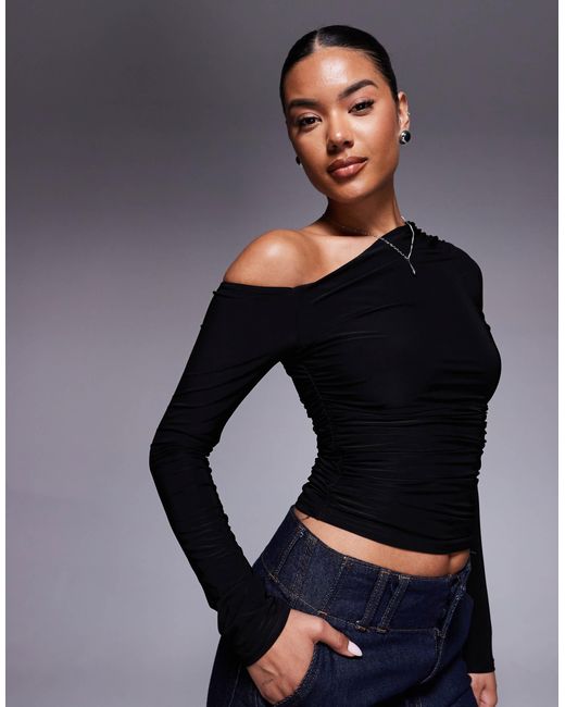 Kaiia Blue Exclusive Double Layered Slinky Off Shoulder Long Sleeve Top