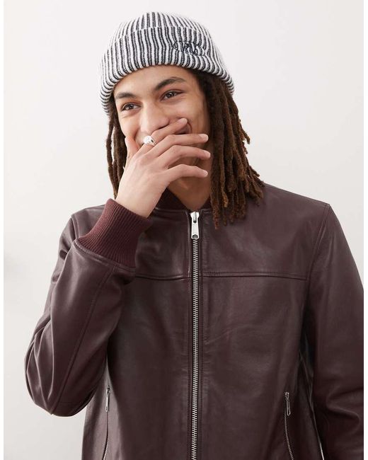Barney's Originals Brown Real Leather Bomber Jacket for men
