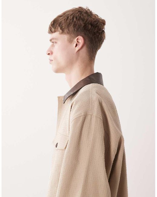 ASOS Natural Oversized Cotton Textured Harrington With Faux Leather Collar for men