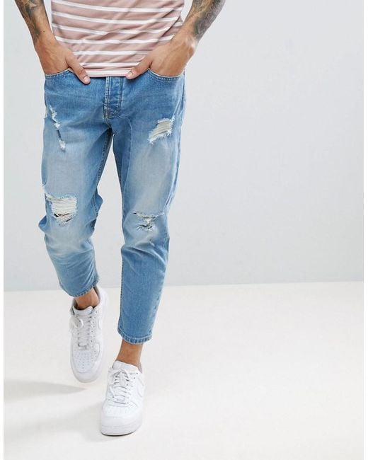 Solid Tapered Cropped Jeans With Rips In Light Blue for Men