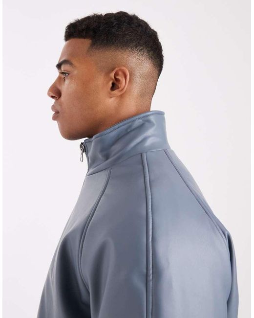 Chaqueta Bomber Azul Con Cuello Alzado De Cuero Sintético De -Gris ASOS de hombre de color Blue