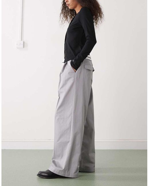 Monki Gray Wide Leg Twill Pants With Fold Over Waist