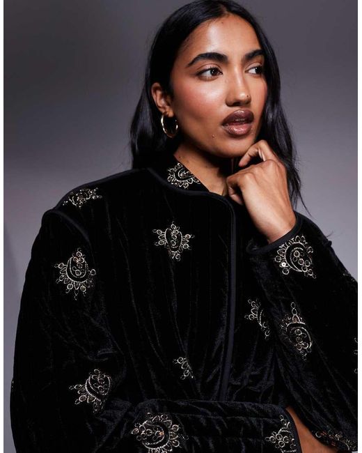 ASOS Black Quilted Embroidered Velvet Jacket