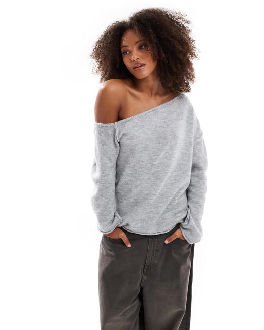 Miss Selfridge Gray Asym Off The Shoulder Slouchy Cozy Knit Sweater