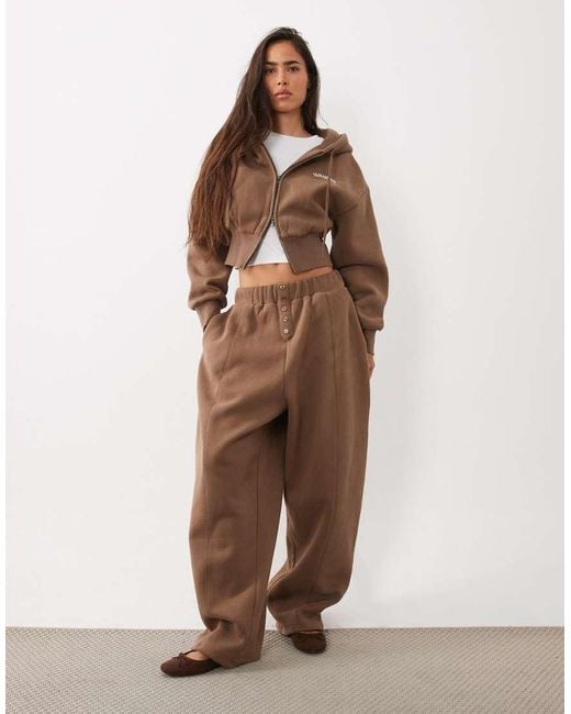 Wanderdoll Brown Sloane Premium Cotton Blend Button Front Detail Barrel Leg Trackies