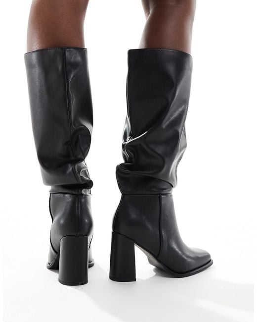 London Rebel Black maggie Slouchy Block Heel Boots