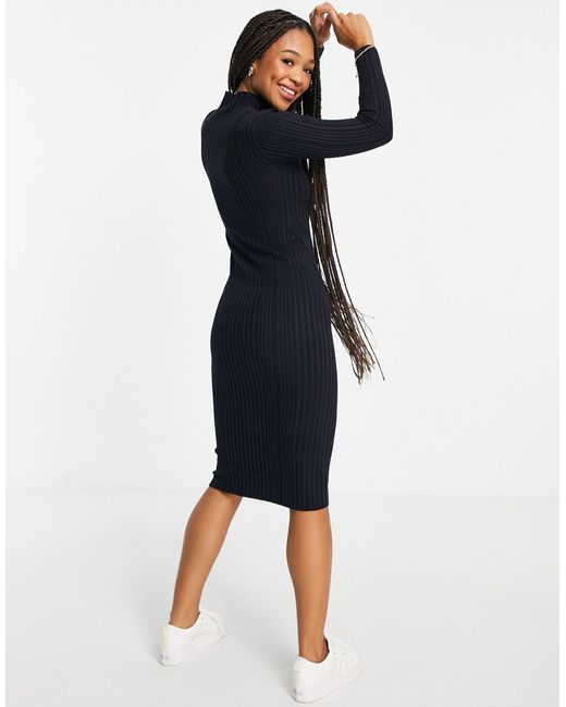 high neck rib midi dress