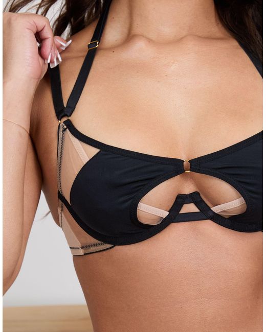 Wolf & Whistle Black X Michelle Domingos Illusion Net And Micro Cut Out Bra