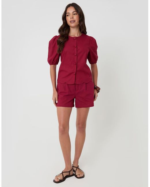 Threadbare Red Linen Blend Puff Sleeve Top
