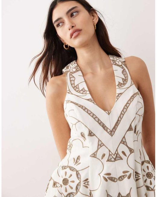 ARRANGE Natural Cutwork Embroidered Longline Trapeze Hem Top