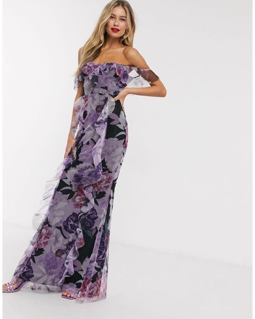 Lipsy Purple Frilly Off Shoulder Maxi Dress