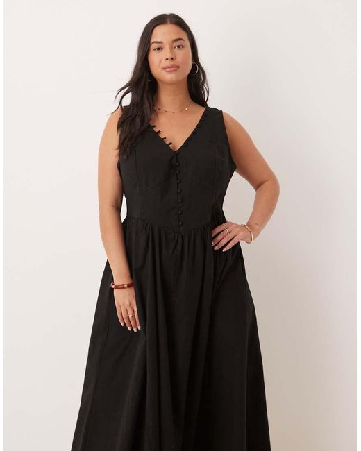 ASOS Black Asos Design Curve V Neck Button Through Maxi Dress With Dropped Waist
